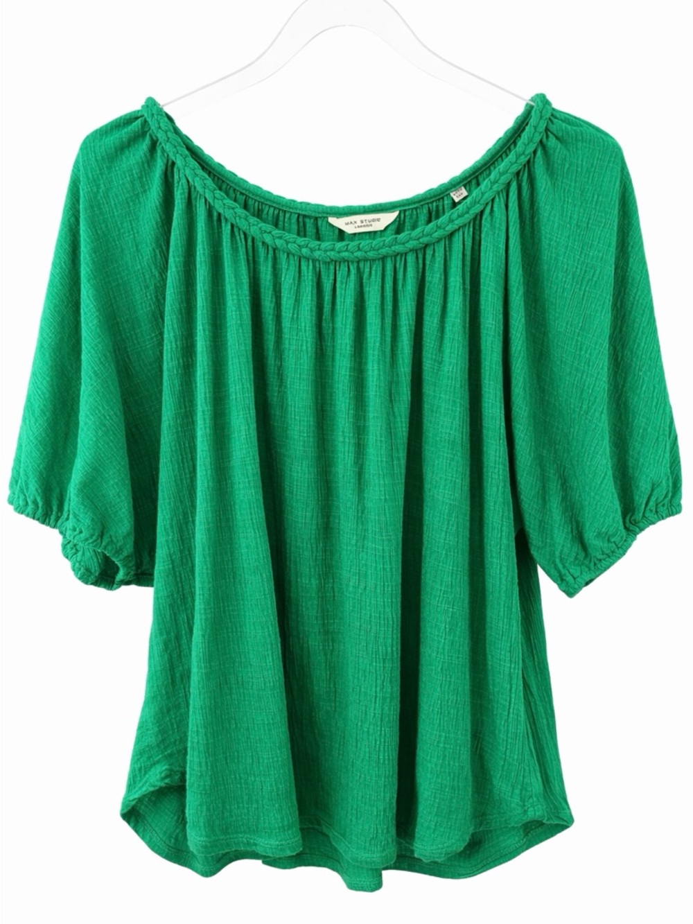 Max Studio London Green Peasant Blouse Braided Neckline Flowy Top Size L